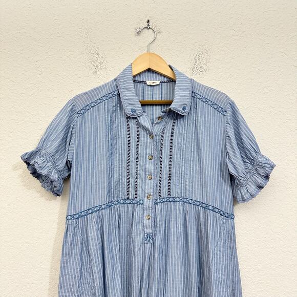 PILCRO ANTHROPOLOGIE Flowy Shirt Dress Blue Pinstriped Puff Sleeve - Picture 3 of 12